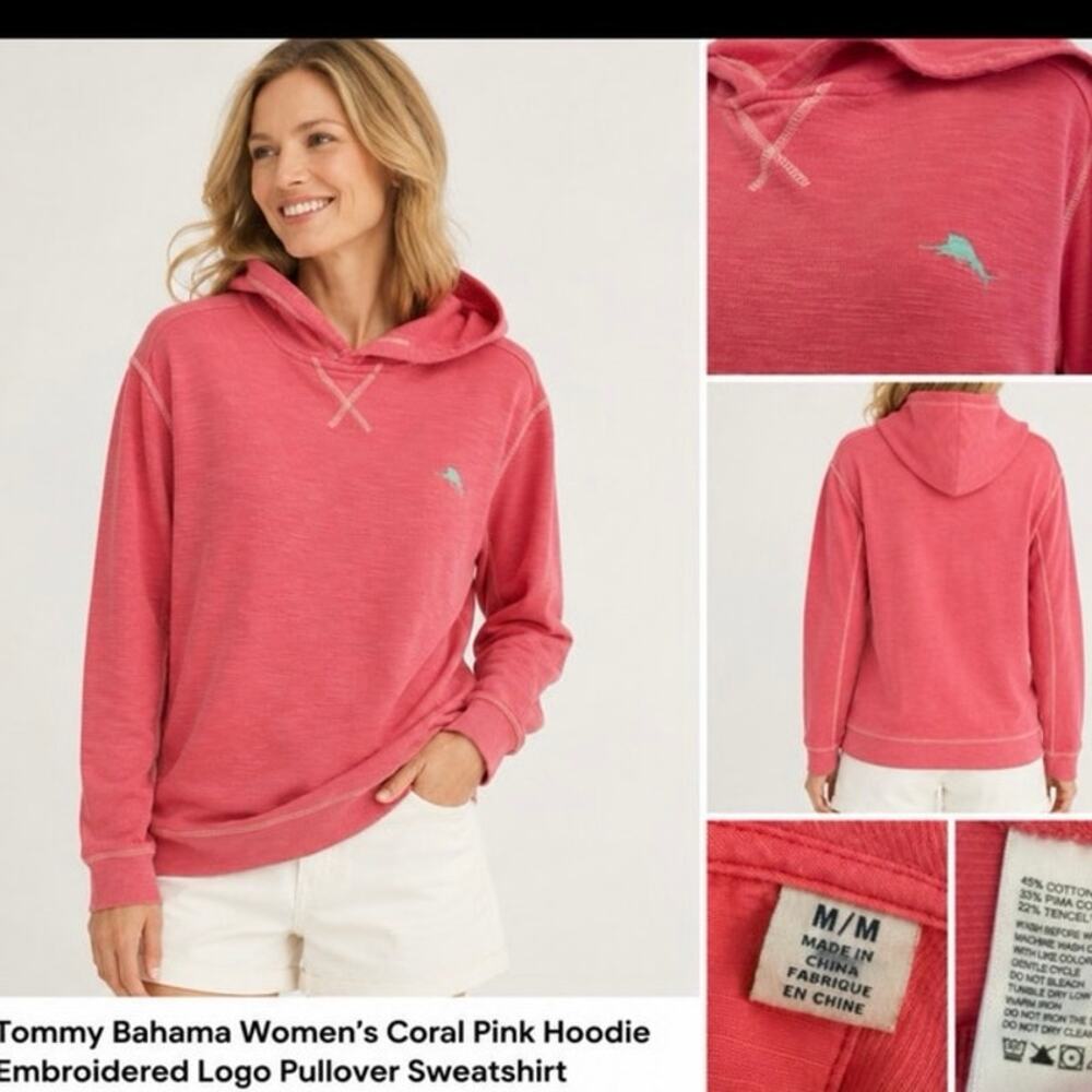 Tommy Bahama Women’s M Coral Pink Hooded Pullover Marlin Logo Pima Cotton Tencel